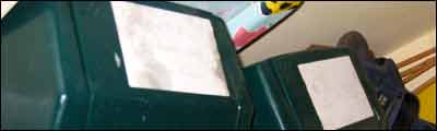 Kitchen mini bins: (1) plastics, packaging, tins + cans (2) glass